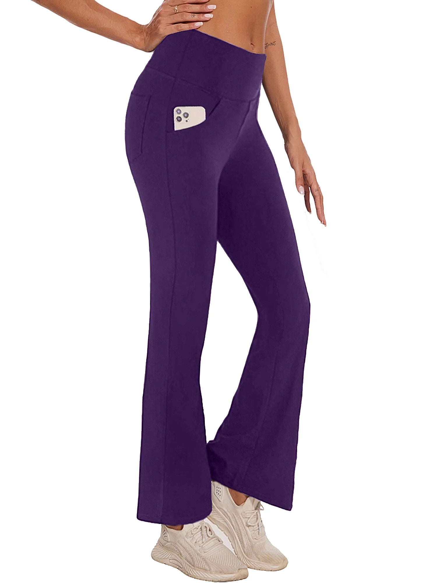 Womens Bootcut Yoga Pants with Pockets High Waist Bootleg Trousers Workout Gym Flare Legging Activewear Purple L