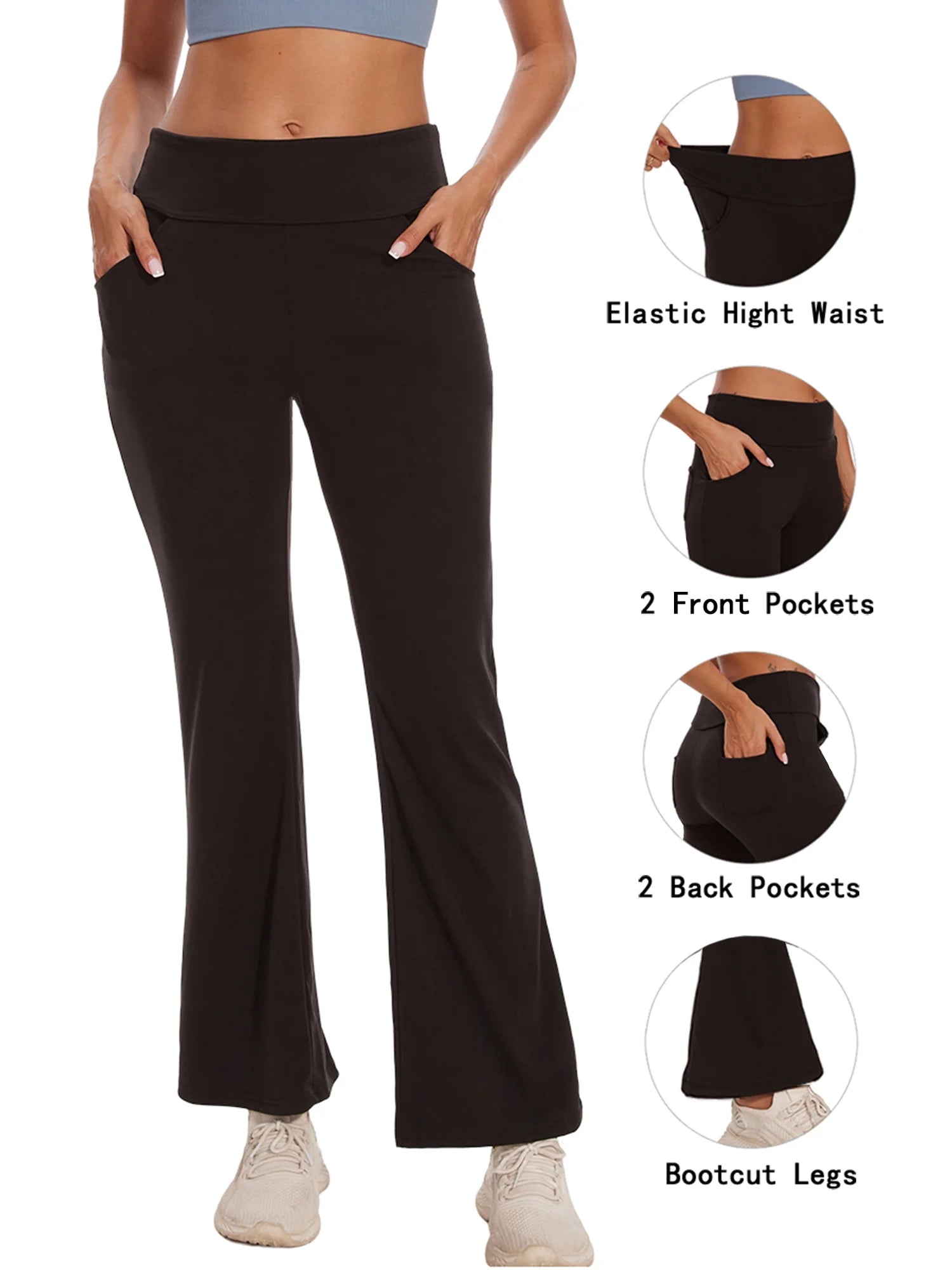 Womens Bootcut Yoga Pants with Pockets High Waist Bootleg Trousers Workout Gym Flare Legging Activewear Black 3XL