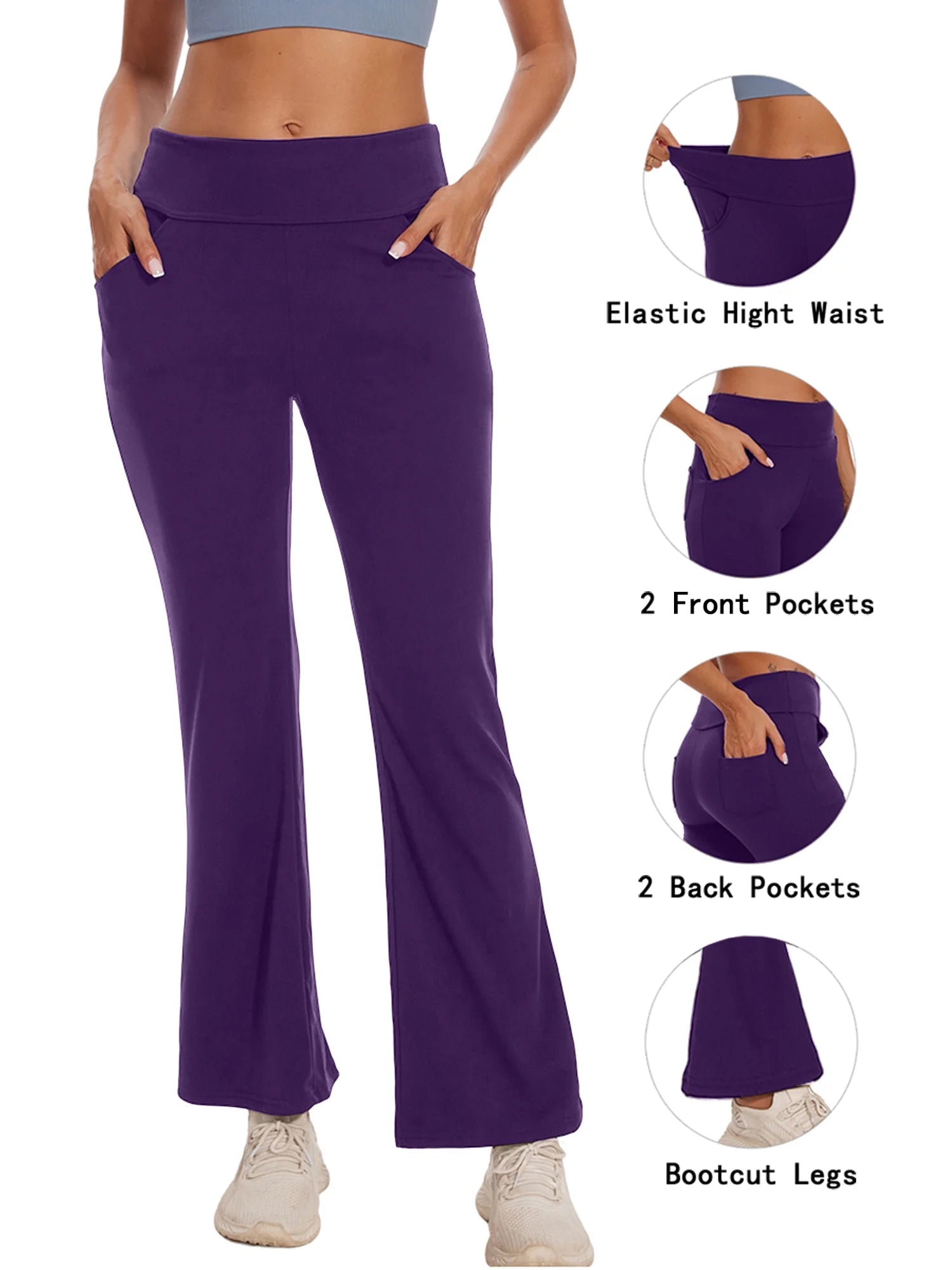 Womens Bootcut Yoga Pants with Pockets High Waist Bootleg Trousers Workout Gym Flare Legging Activewear Purple L