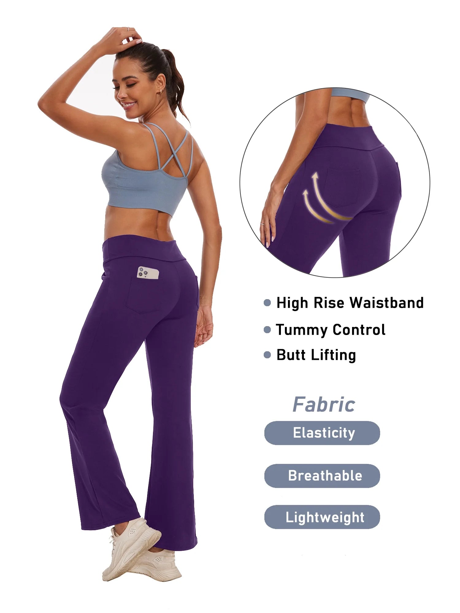 Womens Bootcut Yoga Pants with Pockets High Waist Bootleg Trousers Workout Gym Flare Legging Activewear Purple L
