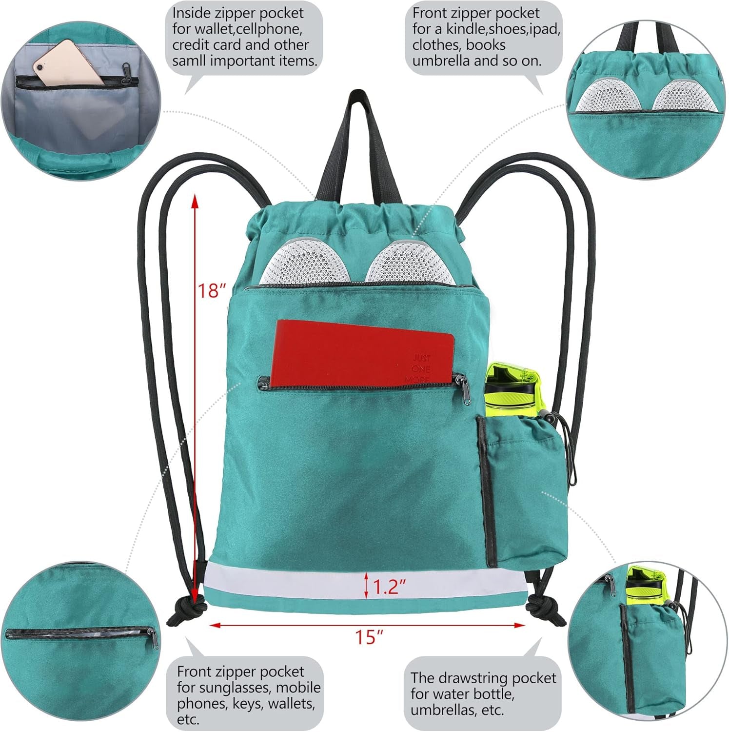 Gym Backpack Sports Bag String Bag Drawstring Backpack W 2 Zipper Pockets Cinch Draw String Back Sack for Men Women W Pouch Cute Workout Bag Sinch Sack Washable Sturdy