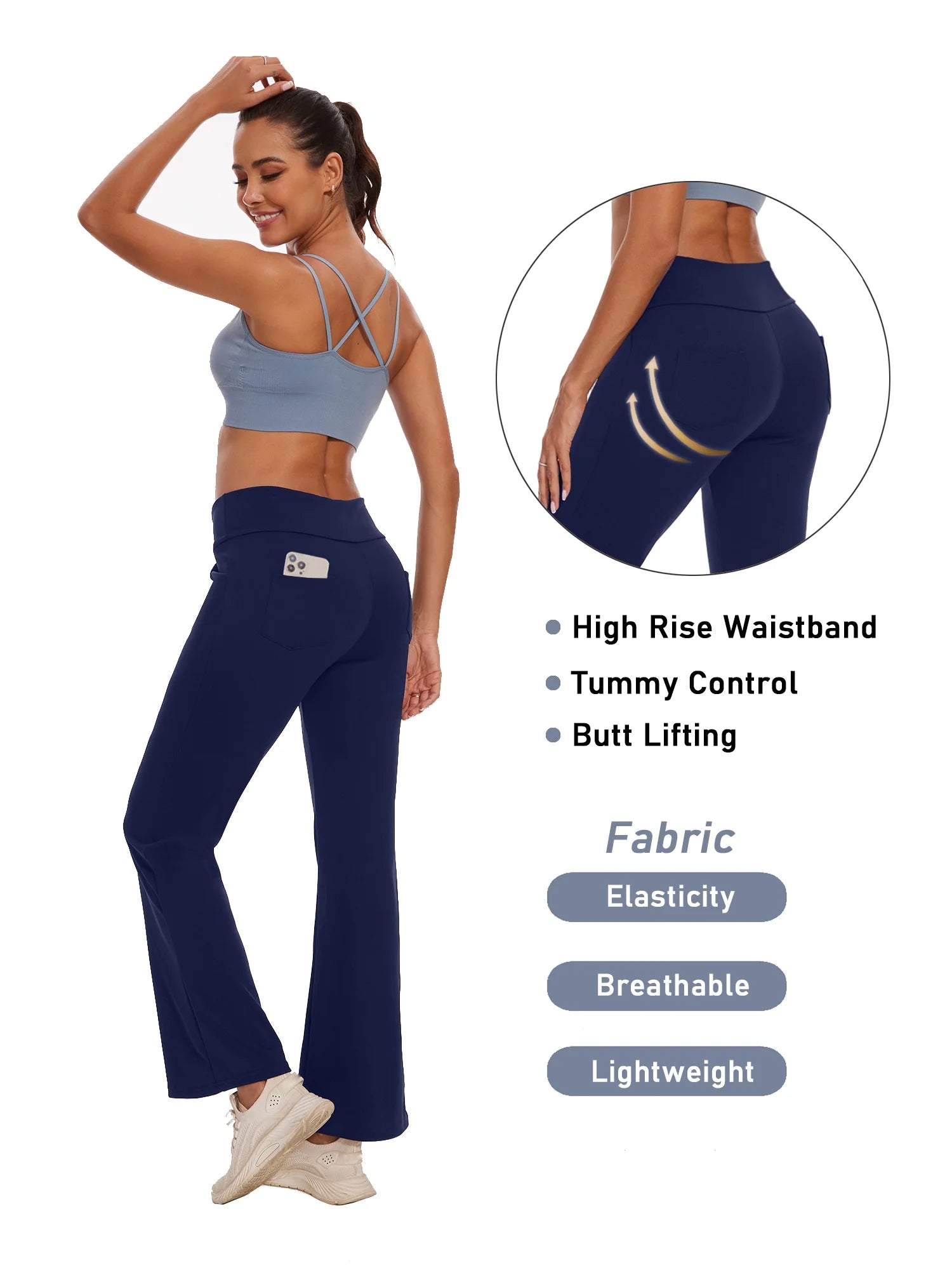 Womens Bootcut Yoga Pants with Pockets High Waist Bootleg Trousers Workout Gym Flare Legging Activewear Navy Blue 3XL