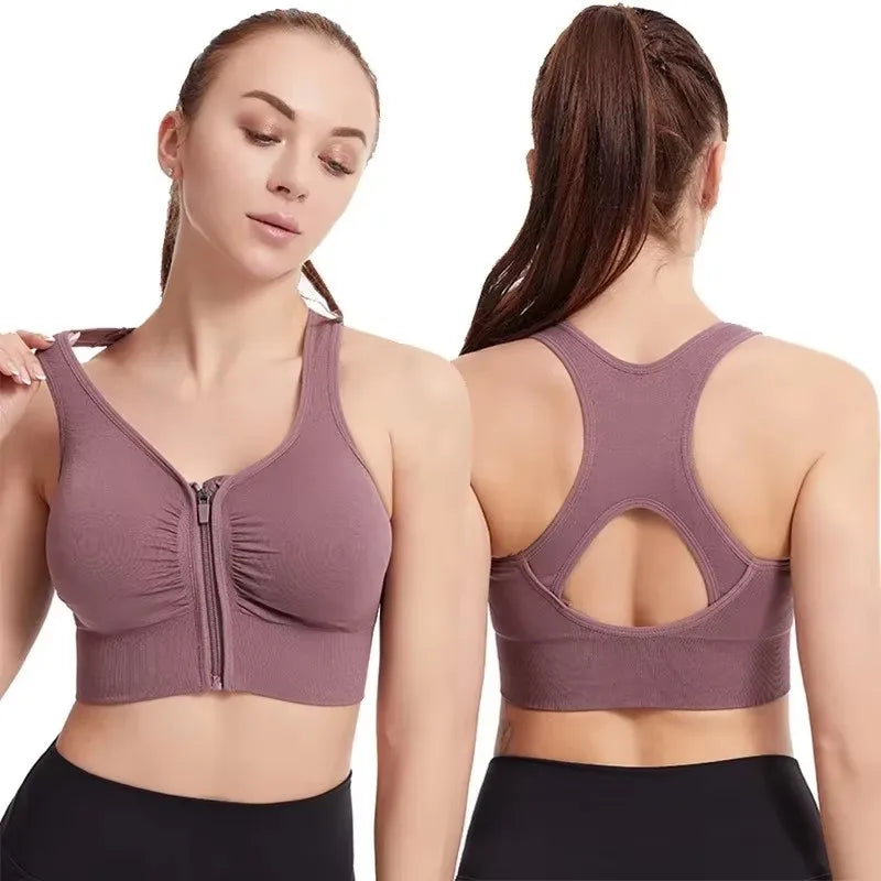 Women'S Sports Bra Fitness Top Front Zipper Design Sports Vest Fashionable Bra Yoga Gym Sports Bra