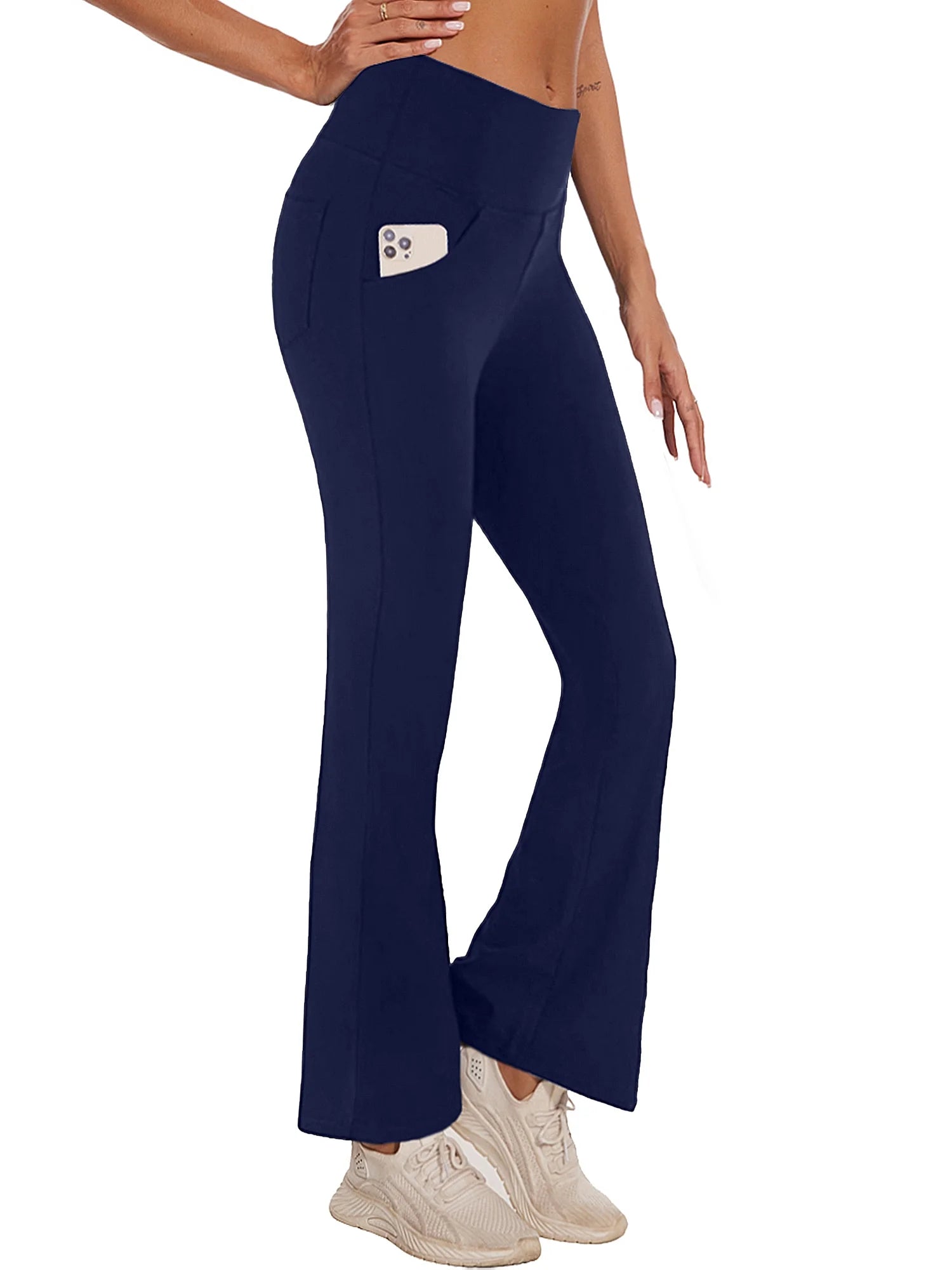 Womens Bootcut Yoga Pants with Pockets High Waist Bootleg Trousers Workout Gym Flare Legging Activewear Navy Blue 3XL