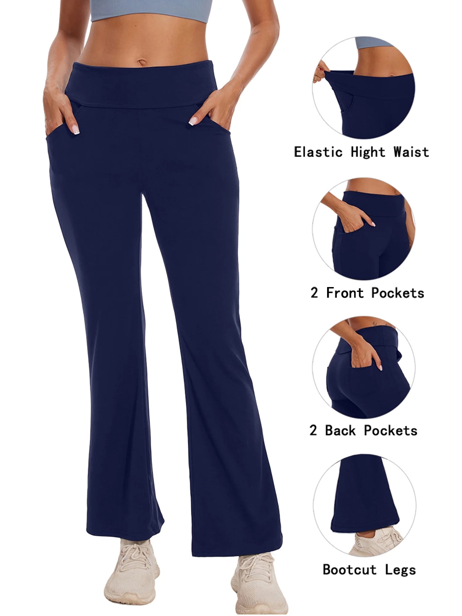 Womens Bootcut Yoga Pants with Pockets High Waist Bootleg Trousers Workout Gym Flare Legging Activewear Navy Blue 3XL